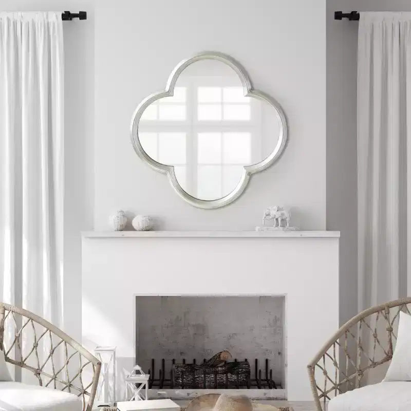 28x28 Scalloped MDF Wall Mirror, Silver Antique Finish Quatrefoil Decorative Mirror