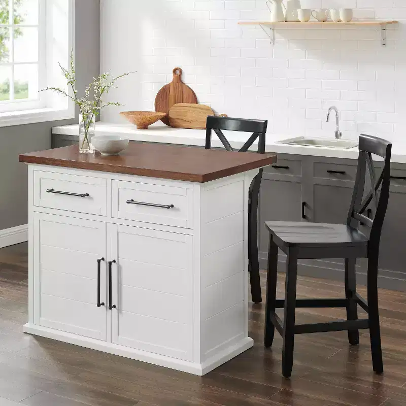 Crosley 42 Bartlett Wood Top Kitchen Island with X-Back Stools White/Black: Farmhouse Style, Adjustable Shelves