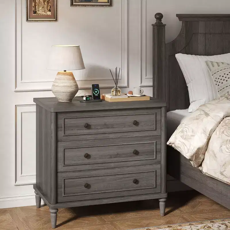 3 Drawer Nightstand, Mid-Century Fluted Bedside Table with Power Outlet for Bedroom, 18 Wide Sofa Side End Table
