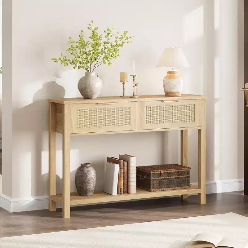 Entryway Table with 2 Drawers, Console Table for Entryway, Wooden Sofa Table with Storage, Boho Console Table for Living Room, Hallway Foyer Table
