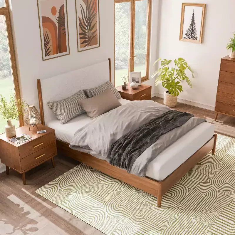 HOMES: Inside + Out 3pc Riverstone Mid-Century Modern Boucle Bedroom Set with 2 Nightstands Walnut
