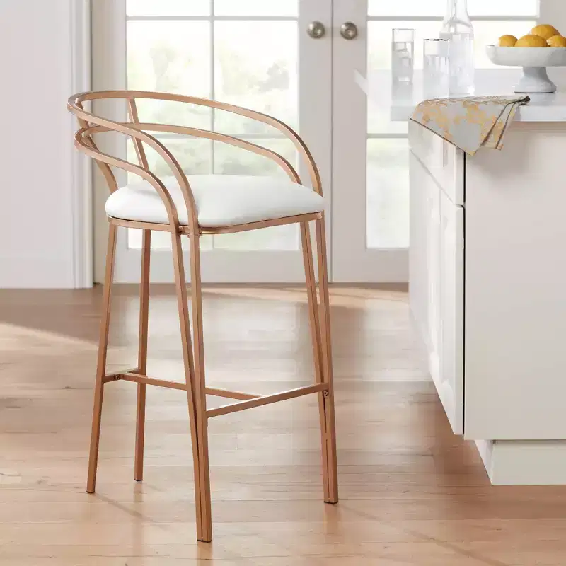 55 Downing Street Tanner Gold Metal Bar Stool 30 High Modern White Upholstered Fabric Cushion with Low Backrest Footrest for Kitchen Counter Height