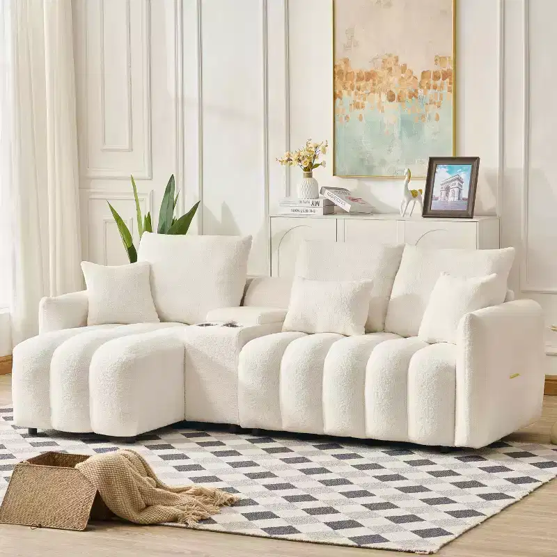 MAYEERTY 92 inch High Quality Trddy Fur Fabric Corner Sofa with Center Console Coffee Table for Living Room Apartments White