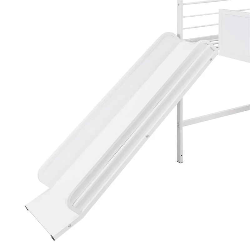Merax Metal Twin House Loft Bed with Two-sided writable Wooden Board, Slide