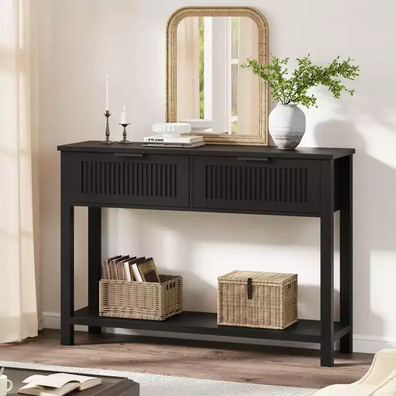 Fluted Console Table with 2 Drawers, Black Finish – 43.3
