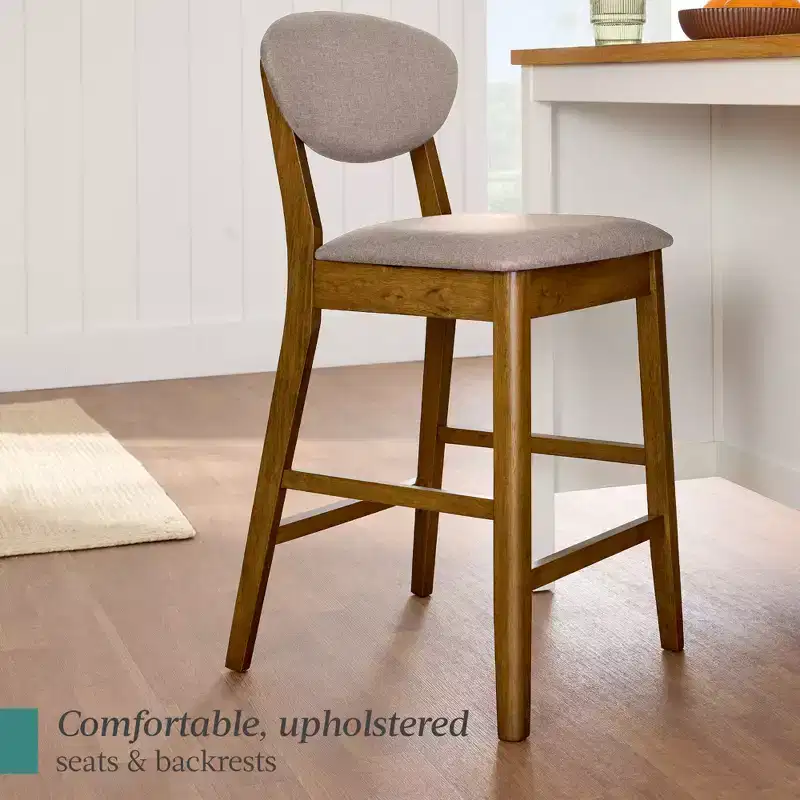 2-Piece Mid-Century Modern Wood and Upholstered Counter Height Bar Stool Set