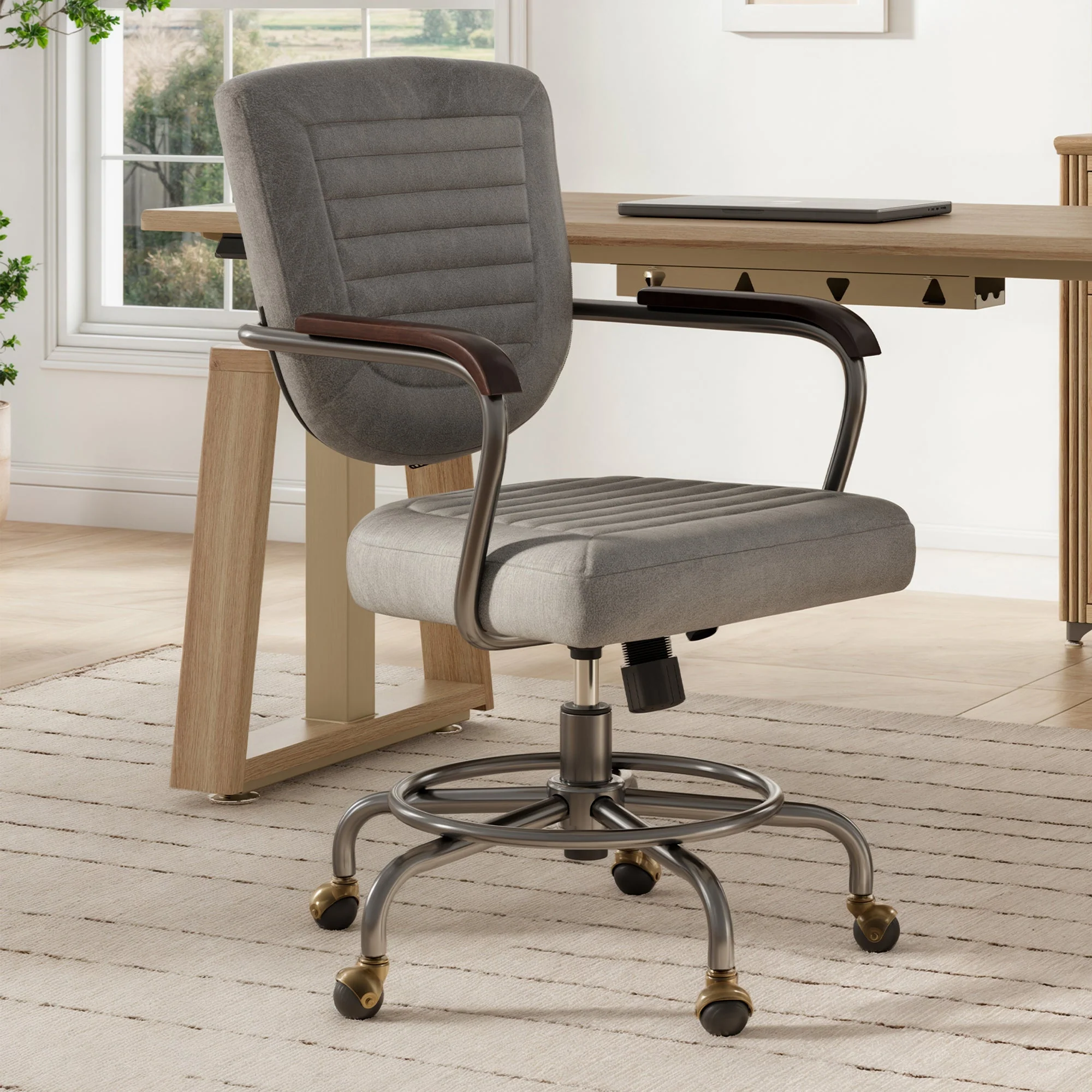 Retro PU Leather Task Office Chair - Solid Wood Arms