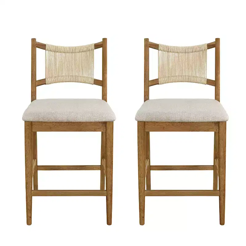 Set of 2 Modern Rubberwood Upholstered Counter Stools with Woven Rope Backrest, 300 lbs