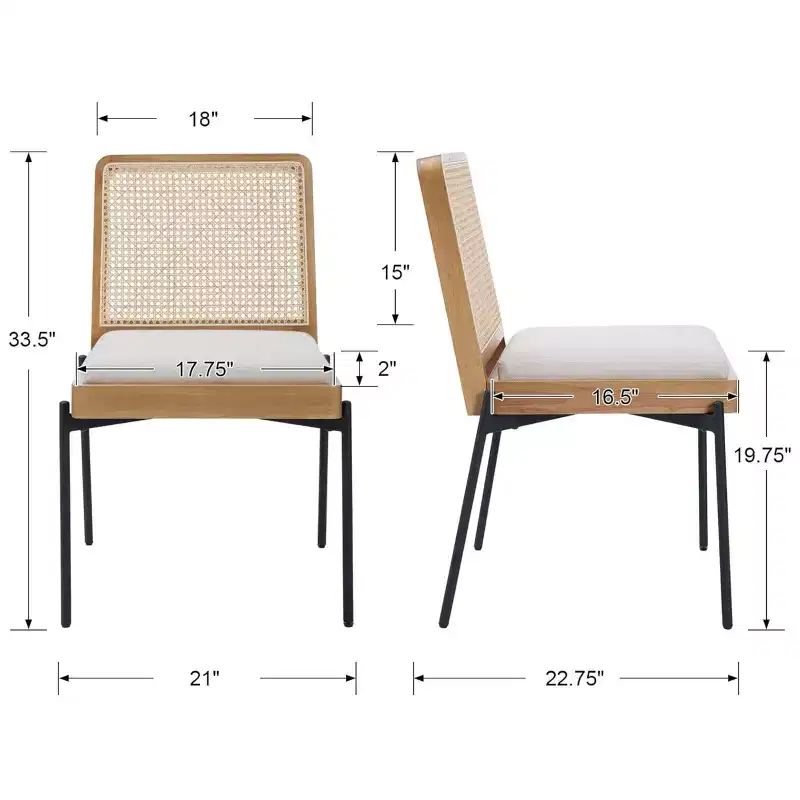 GDFStudio Becher Mid-Century Modern Rubber Wood and Linen Upholstered Dining Chair with Rattan Backrest (Set of 2)