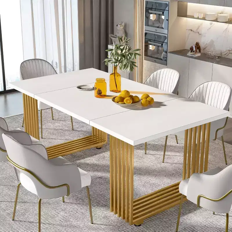 White & Gold Rectangular Dining Table, Seats 6–8