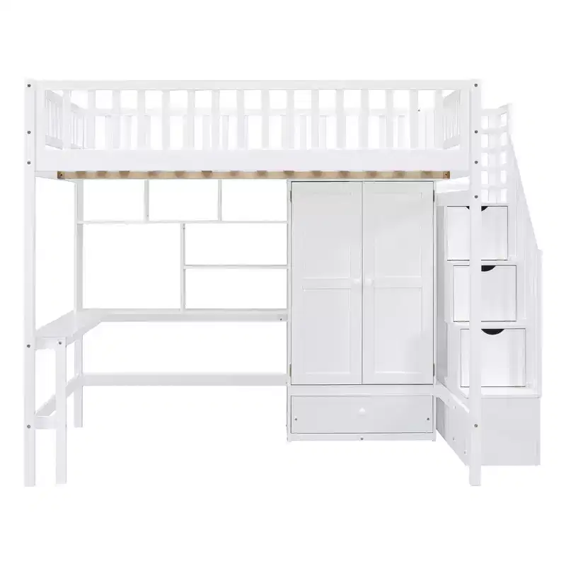 Wood Full Size Loft Bed with Bookshelf, Desk, Drawers & Wardrobe 94.4''L x 57''W