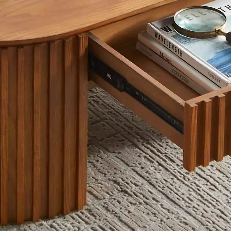 GDFStudio Manuel Modern Wooden Oval Pedestal Coffee Table with Drawer and Handcrafted Relief