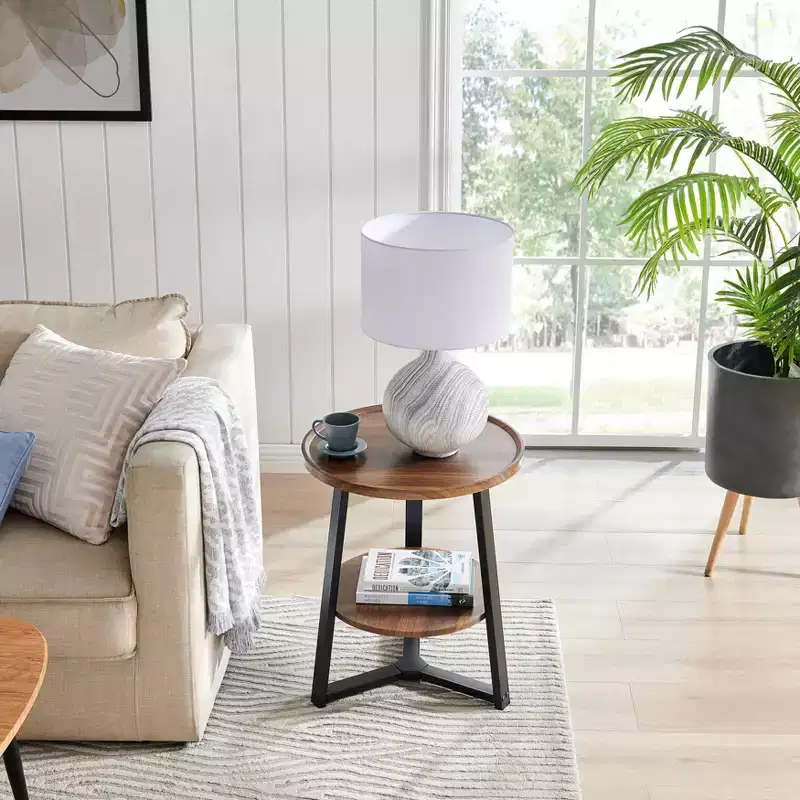 Mason Round 2-Tier Mid-Century Side Accent Table – Walnut/Black, Pedestal Legs, MDF