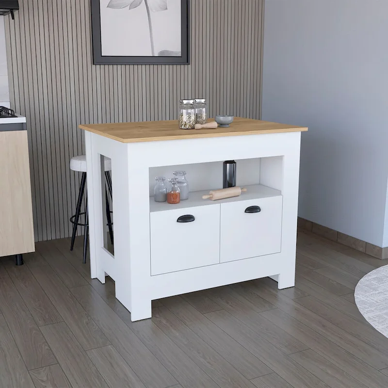 Kitchen Island Two Door Cabinet and Shelf for Dining Room.