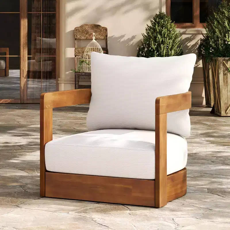 Premium Acacia Wood Outdoor Club Chair with Curved Tub Design, Water-Resistant Cushions, for Patio