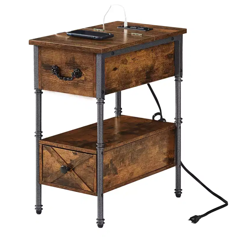 VECELO Nightstand with Charging Station & Drawer, Narrow Flip Top End Table with USB Ports & Power Outlets for Living Room or Bedroom, Brown