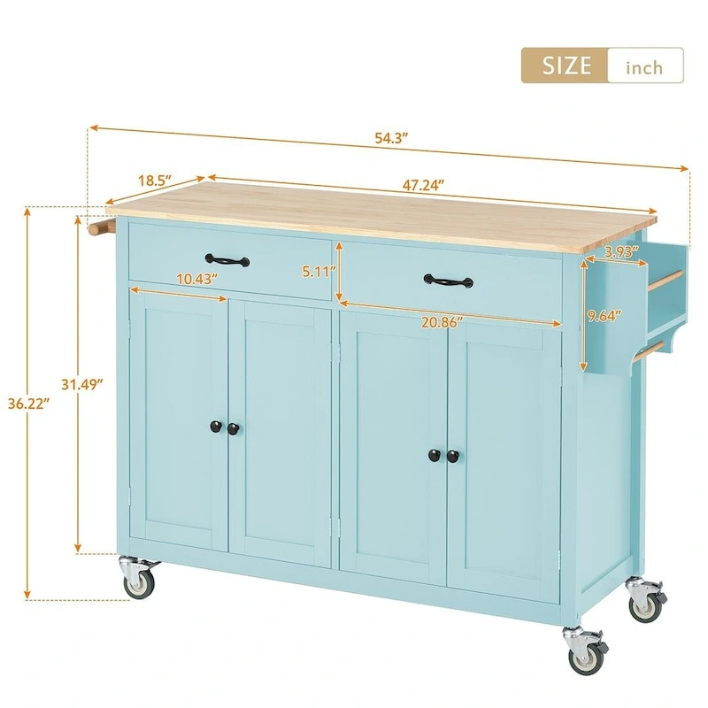 Kitchen Island Cart with Solid Wood Top, Locking Wheels, Spice & Towel Rack