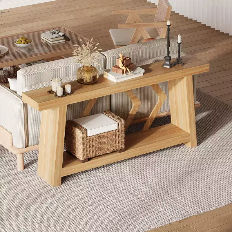 70.9 All-Wood Console Table - 2-Tier Narrow Entryway & Hallway Table - Rustic Brown Farmhouse Sofa Table with Trapezoid Legs
