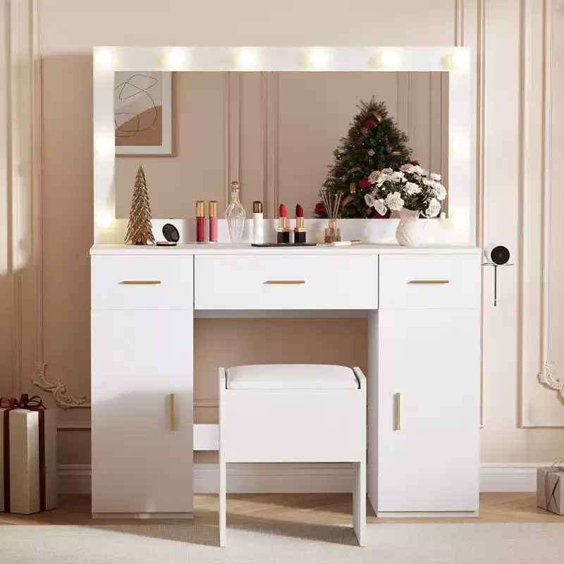MDF Vanity Desk with Mirror & Storage Stool 45''W White