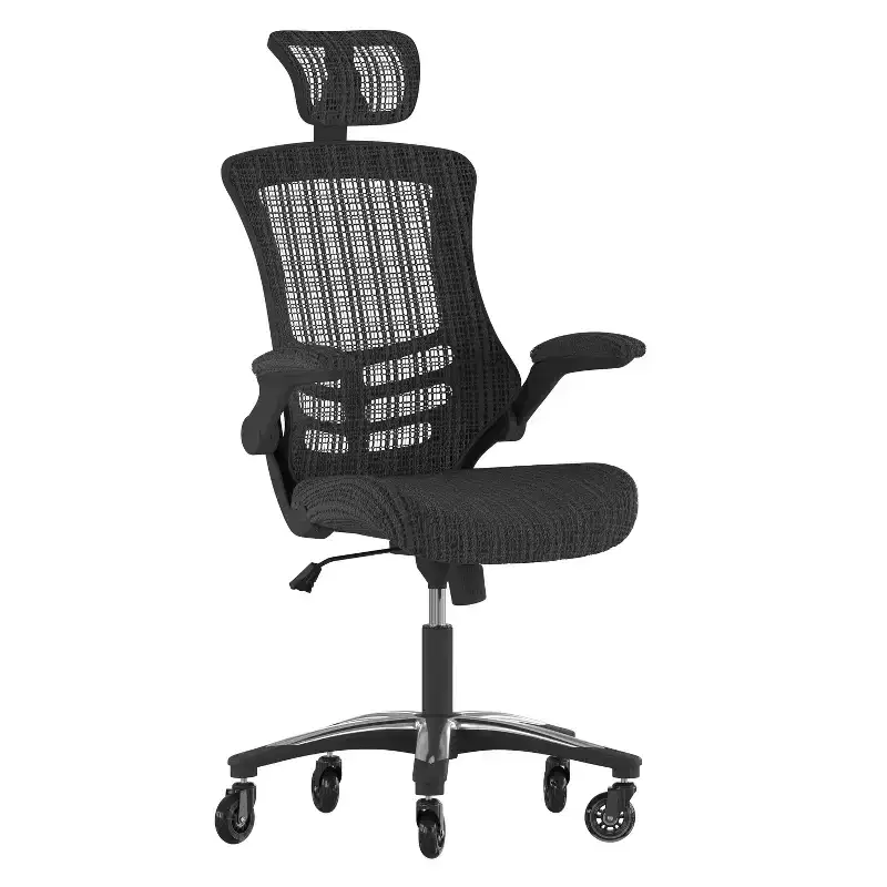 Flash Furniture Kelista High-Back Black Mesh Swivel Ergonomic Executive Office Chair with Flip-Up Arms and Transparent Roller Wheels