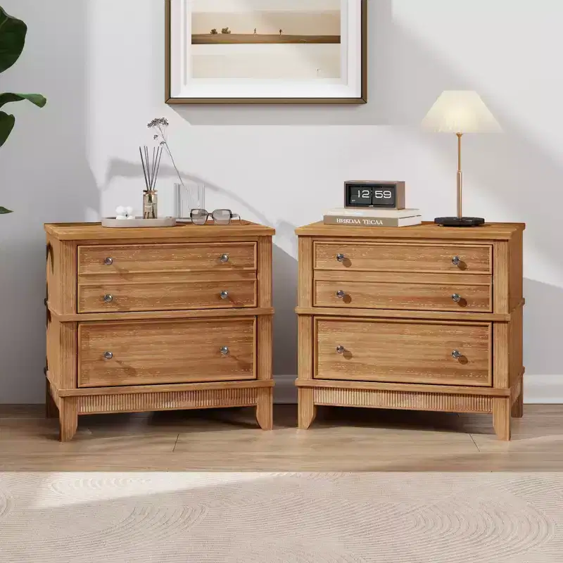 GDFStudio Bellic Rustic Wood Nightstand with 3-Drawer (Set of 2)