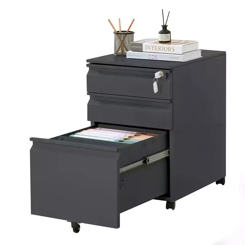 Three-drawer mobile filing cabinet with lock and anti-tip casters, designed for home office use under desks. Metal cabinet for storing letters