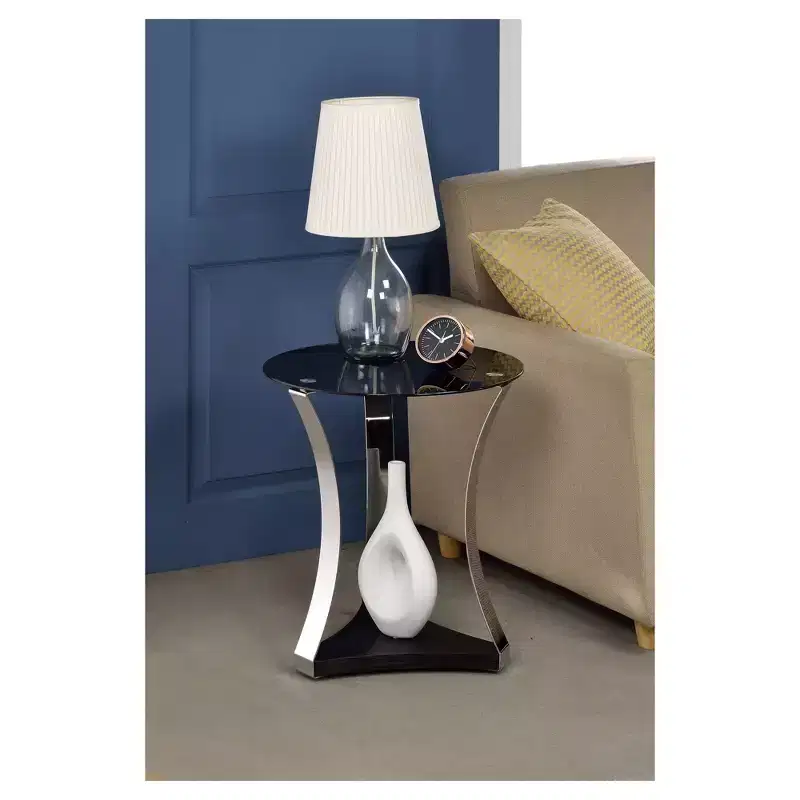 Round Black Chrome Glass End Table with Bottom Shelf