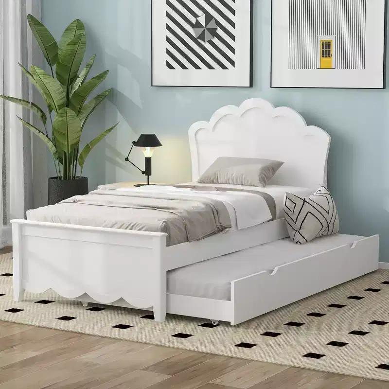 Bed Frame with Trundle, Wood Platform Bed with Headboard, Wood Trundle Bed Frame for Bedroom, White