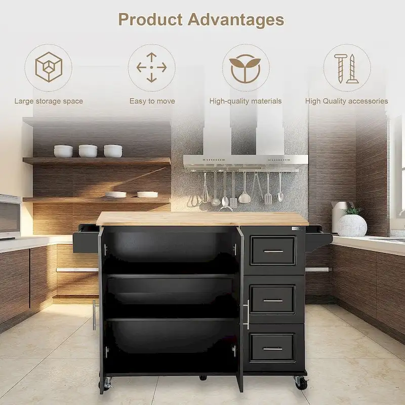 Kitchen Island Cart with Extensible Rubber Wood Top and Locking Wheels