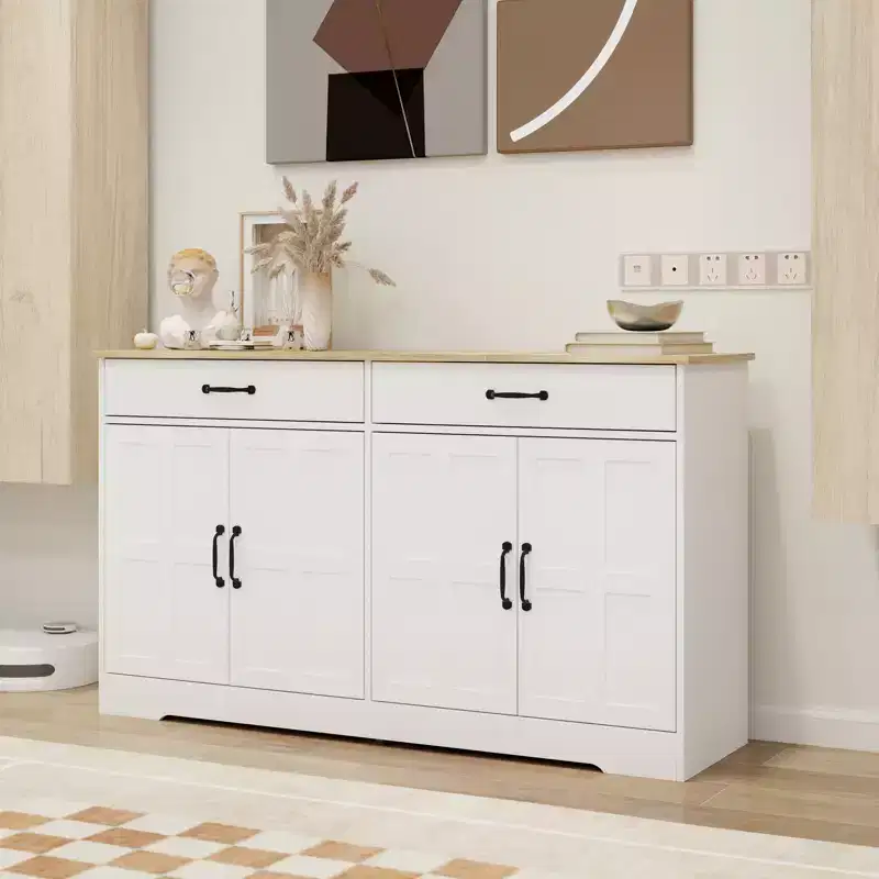 AndMakers White Wood 55.91 in. Sideboard with Shaker Style Design Doors