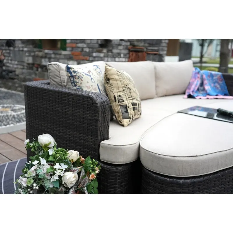 9-piece Patio Wicker Daybed Set with Concrete Fire Pit Table