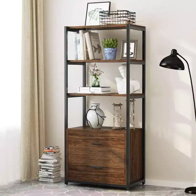 4-Tier Rustic Bookshelf with 2 Drawers, Etagere Display Shelf for Home Office