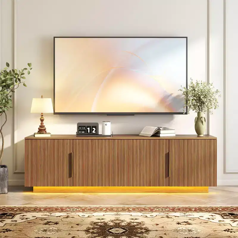 Zevemomo 67.7 Farmhouse TV Stand for 75 Inch TV with 16 Color LED Lights, 6 Storage Compartments, Media Console for Living Room, Brown