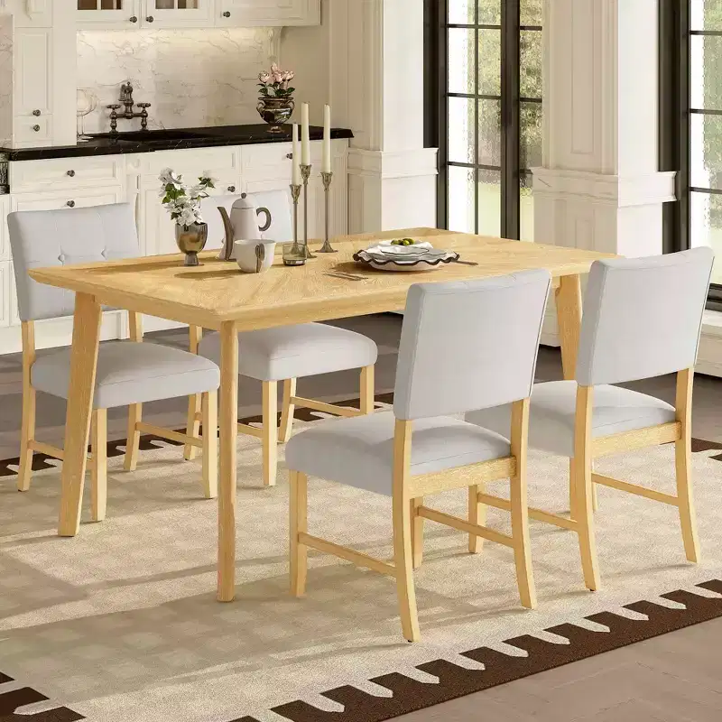 MAYEERTY 5-Piece Farmhouse Dining Set, Solid Wood Table & 4 Chairs, Natural Wood Wash