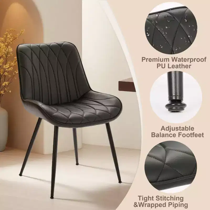 Coolmee Dining Chairs Set of 2, Modern Dining Room Chairs with Thick Cushions, Upholstered Faux Leather Cushion Seat,Kitchen Side Armless Chair Black