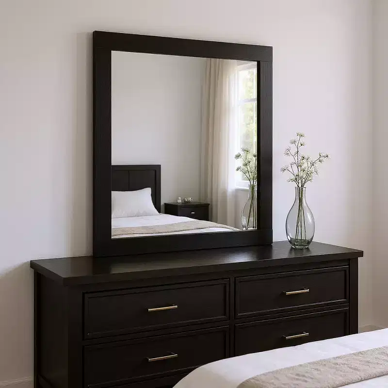 HomeRoots 35 Black Wood Square Mounted Framed Dresser Mirror