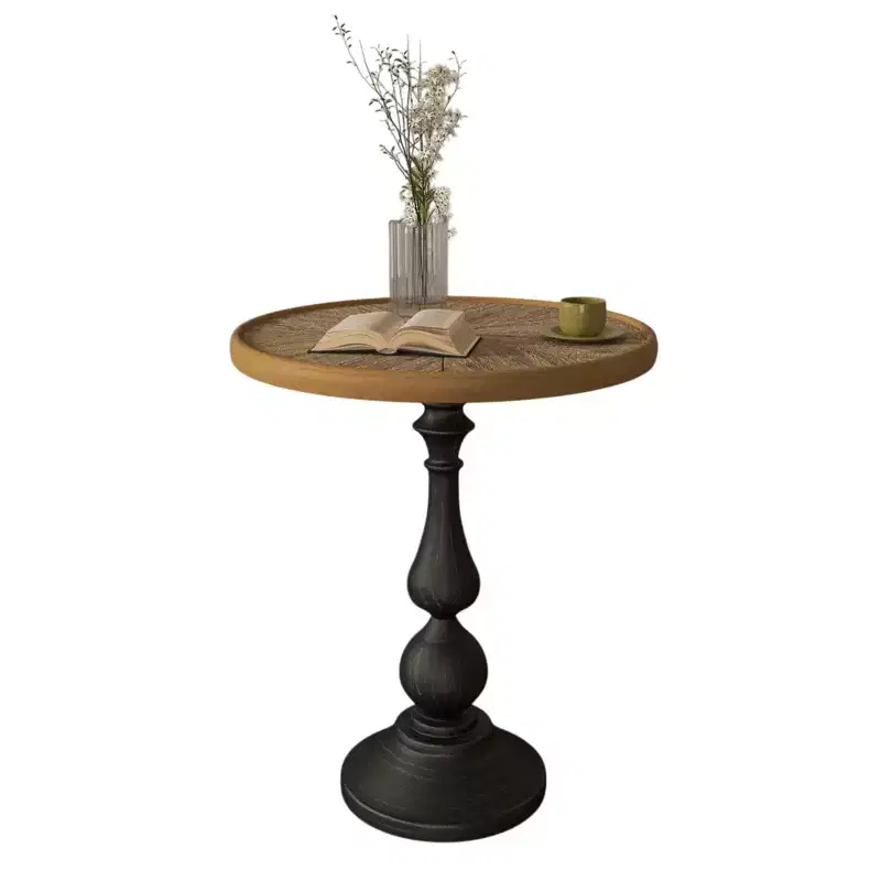VIYET 23 Retro Round Wooden End Table - French Country Metal Pedestal, Natural Wood