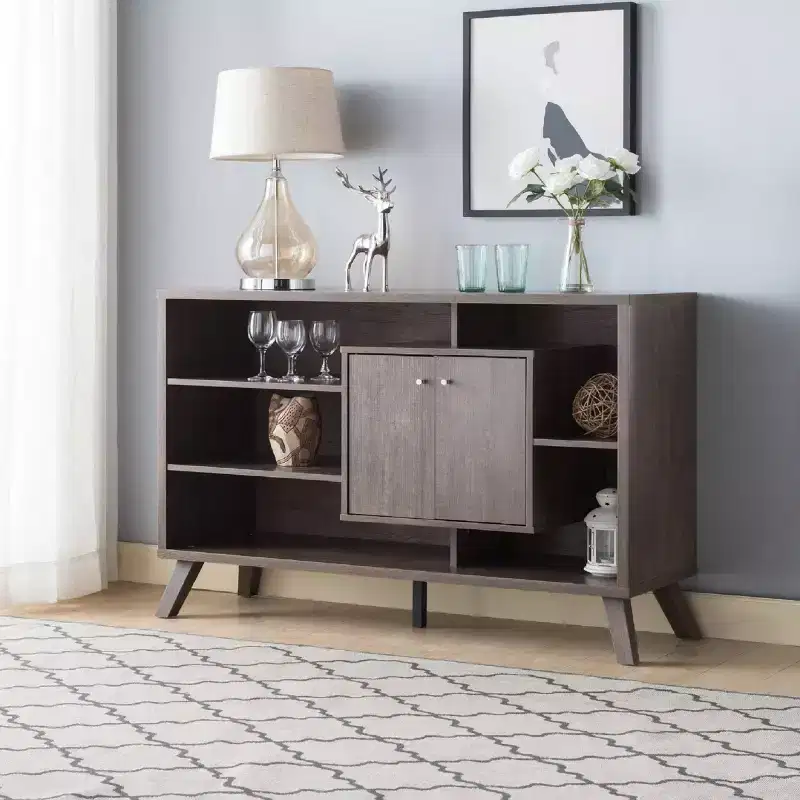 Multi-Tier Buffet Server with Storage, 5 Shelves and 2 Cabinet Doors, Natural Wood Finish