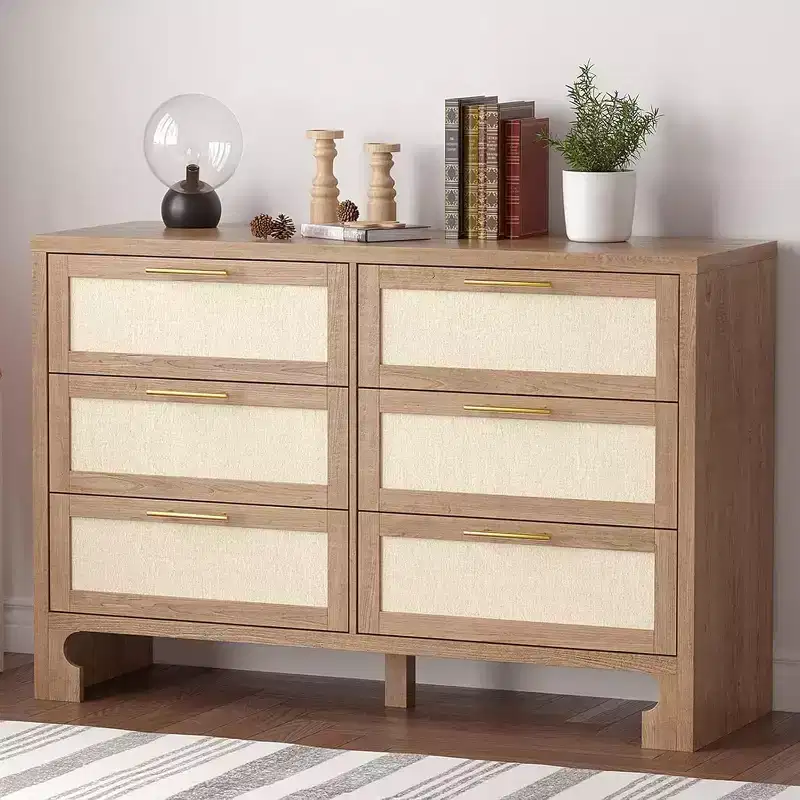 COZONY 6 Drawer Double Dresser with Burlap Design, Wooden Chest with Gold Handles