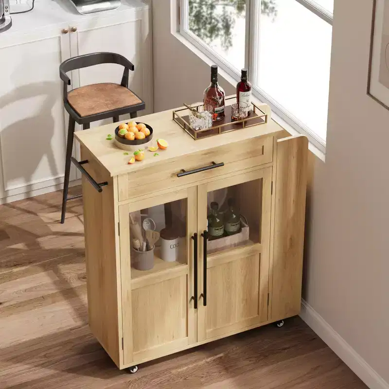 Rolling Wooden Kitchen Island with Drawer, Kitchen Cart with Storage Cabinet on Wheels, Thicker Wooden Top Trolley Island with 3 Spice Rack
