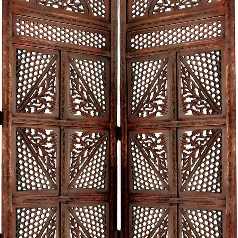 Benzara Traditional Four Panel Wooden Room Divider with Hand Carved Details Antique Brown
