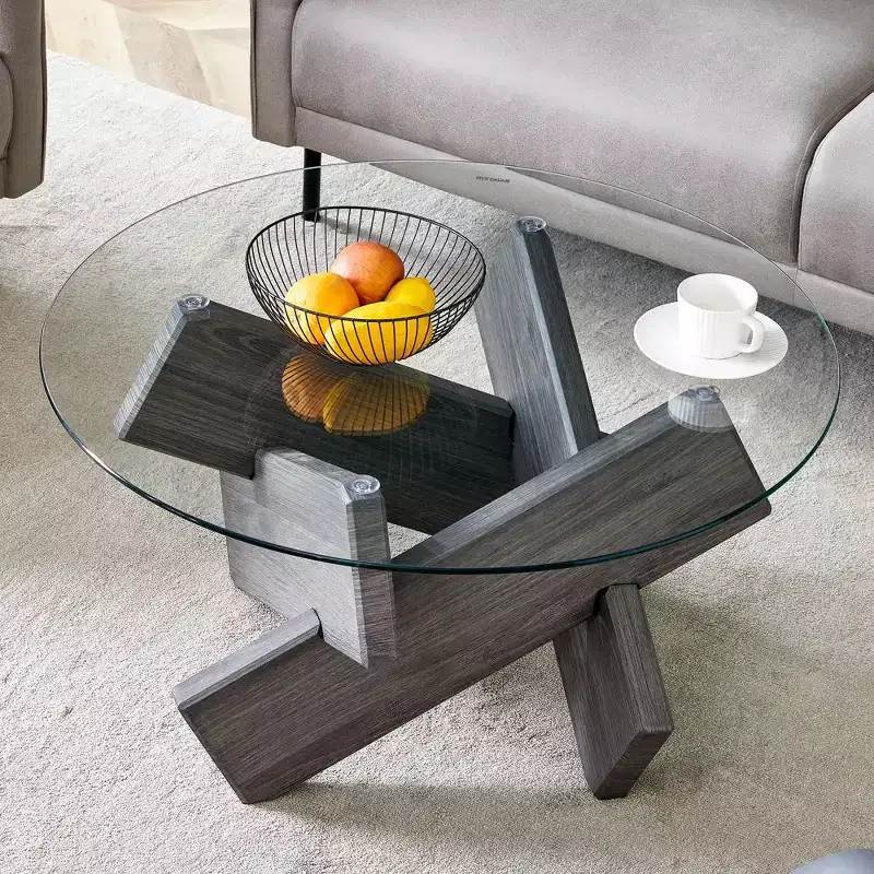 Okak Modern Circular Glass Coffee Table, Small Distinctive Design Tea Table Wood Legs for Living Room Reception Office Farmhouses
