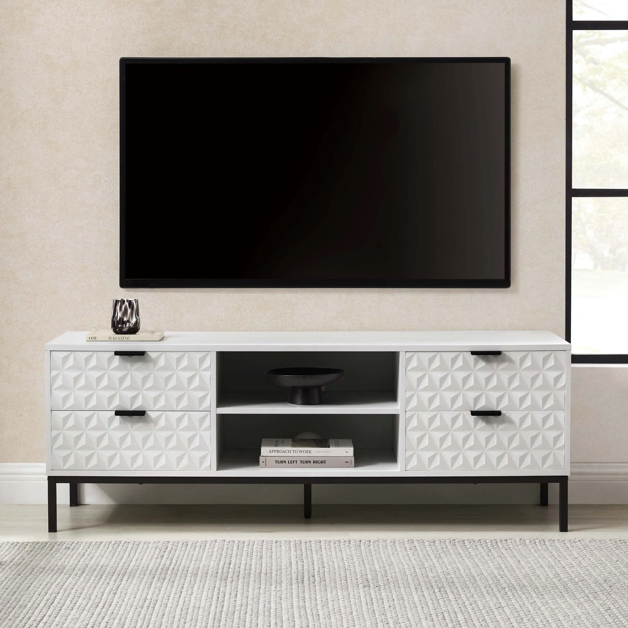 Contemporary White Painted TV Unit with Geometric Pattern for TVs up to 60 Inch for Living Room