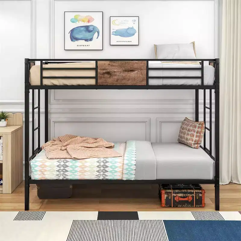 Double bunk bed with stairs, sturdy metal frame, no box spring required, space-saving design