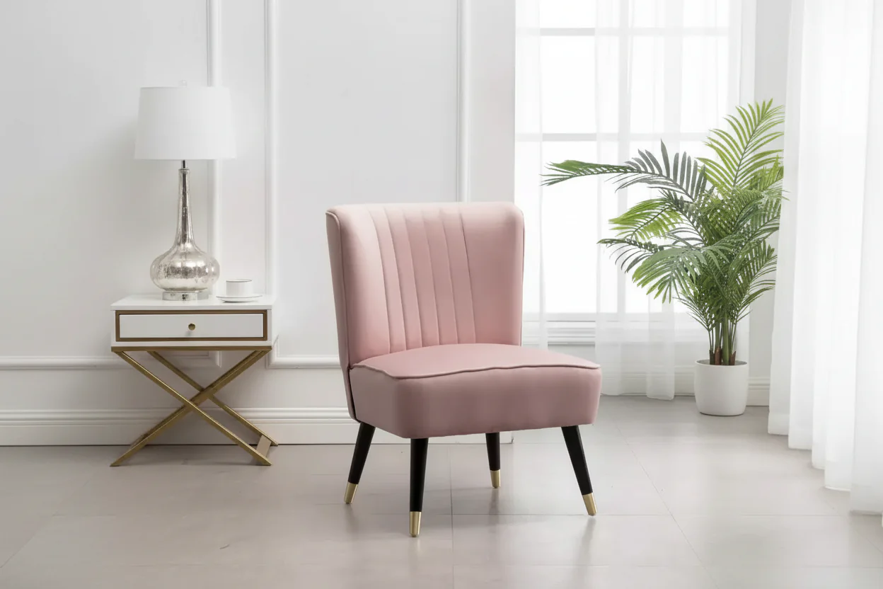 Pink Velvet Upholstered Accent Chair with Wood Legs