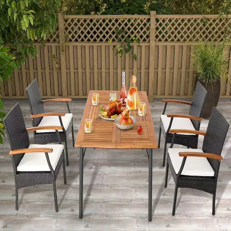 Costway Patio PE Wicker Chairs Acacia Wood Armrests with Soft Zippered Cushion Balcony