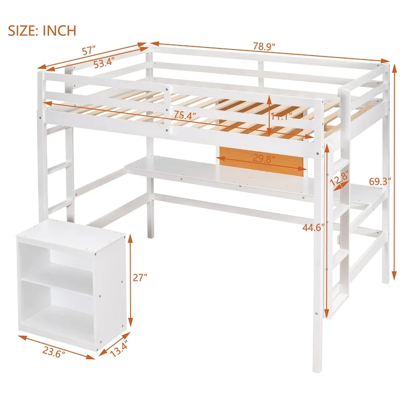 Full Pine Loft Bed with Desk and Writing Board