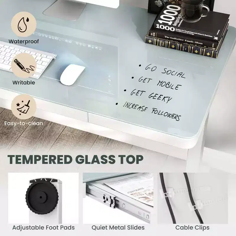 Costway 48 x 24 Whole-Piece Glass Standing Desk w/Drawers Writable Tempered Glass Top Black/White