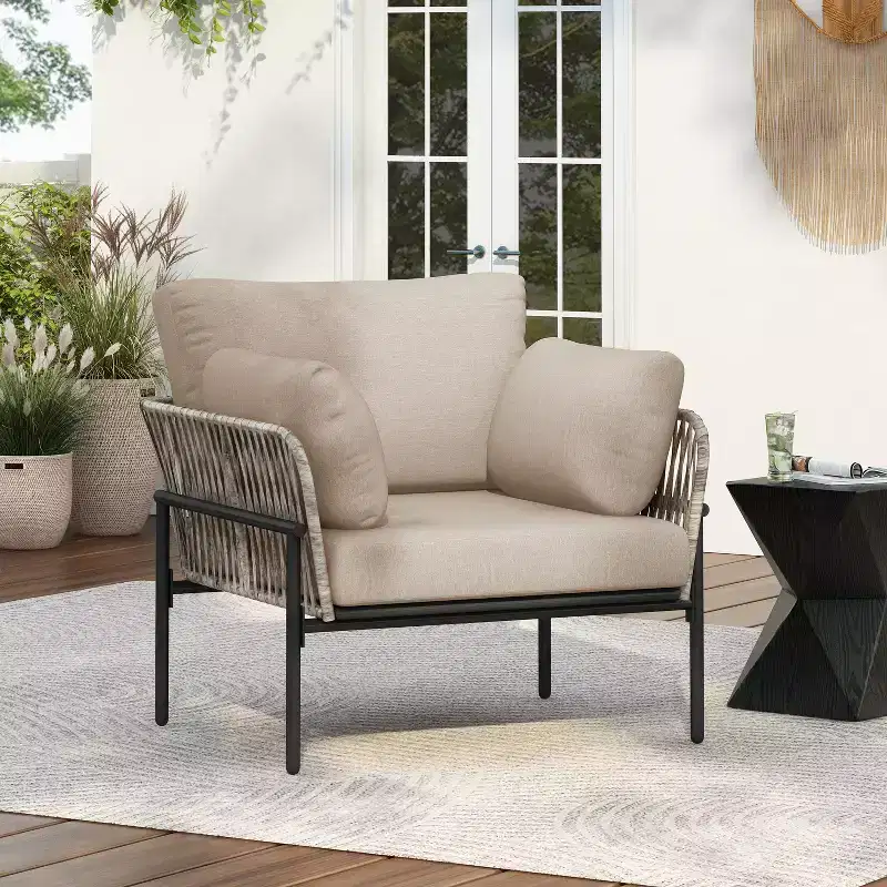 36W Patio Accent Chair Lounge Chair Arm Chair with Cushions, Pillows and Stylish Rope-Weave Design, Iron, Beige+Grey/Natural-ModernLuxe
