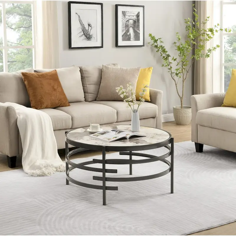 Gray / Golden / Silver Sintered Stone Top Coffee Table with Metal Frame, for 1